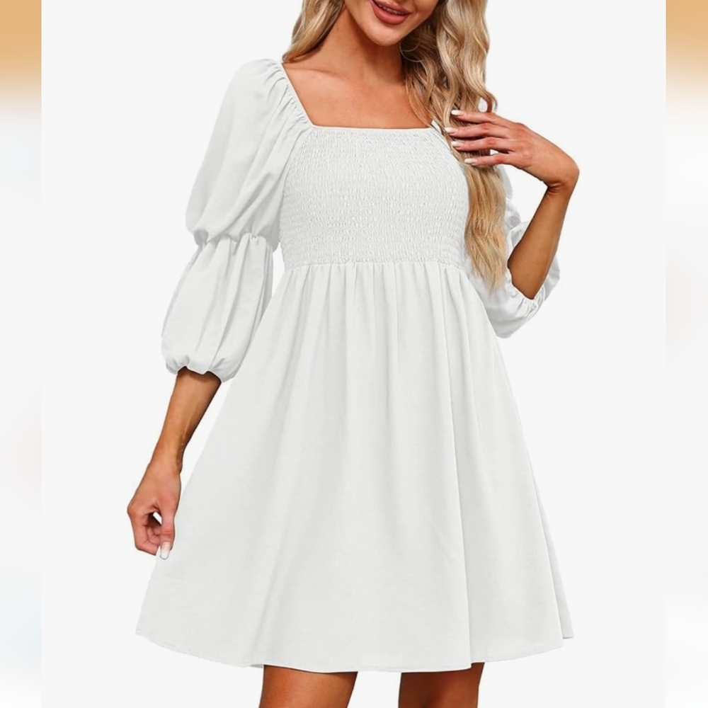 OFEEFAN | Women's White Square Neck Puffed Sleeved Smocked Midi Dress